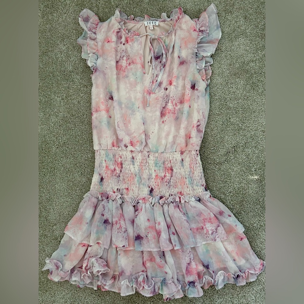 TCEC Pastel Watercolor Ruffle Mini Dress | Smocked Waist | Size M